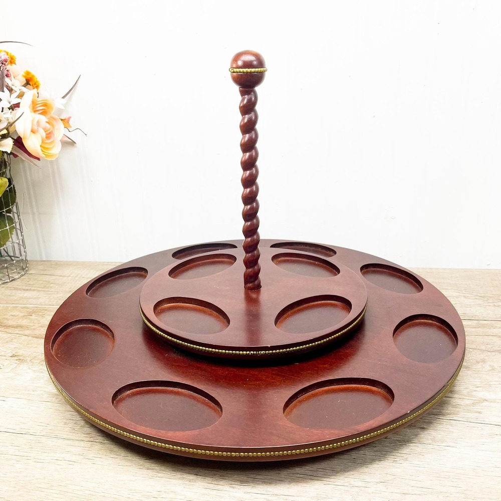 Midcentury Modern Wooden Lazy Susan Franklin Mint Carousel Stand Walnut Tray